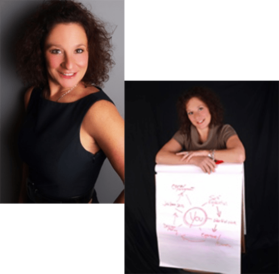 Two portraits of a smiling woman. The left shows her in a black dress, while the right features her engaging with a whiteboard illustrating a concept around "You."